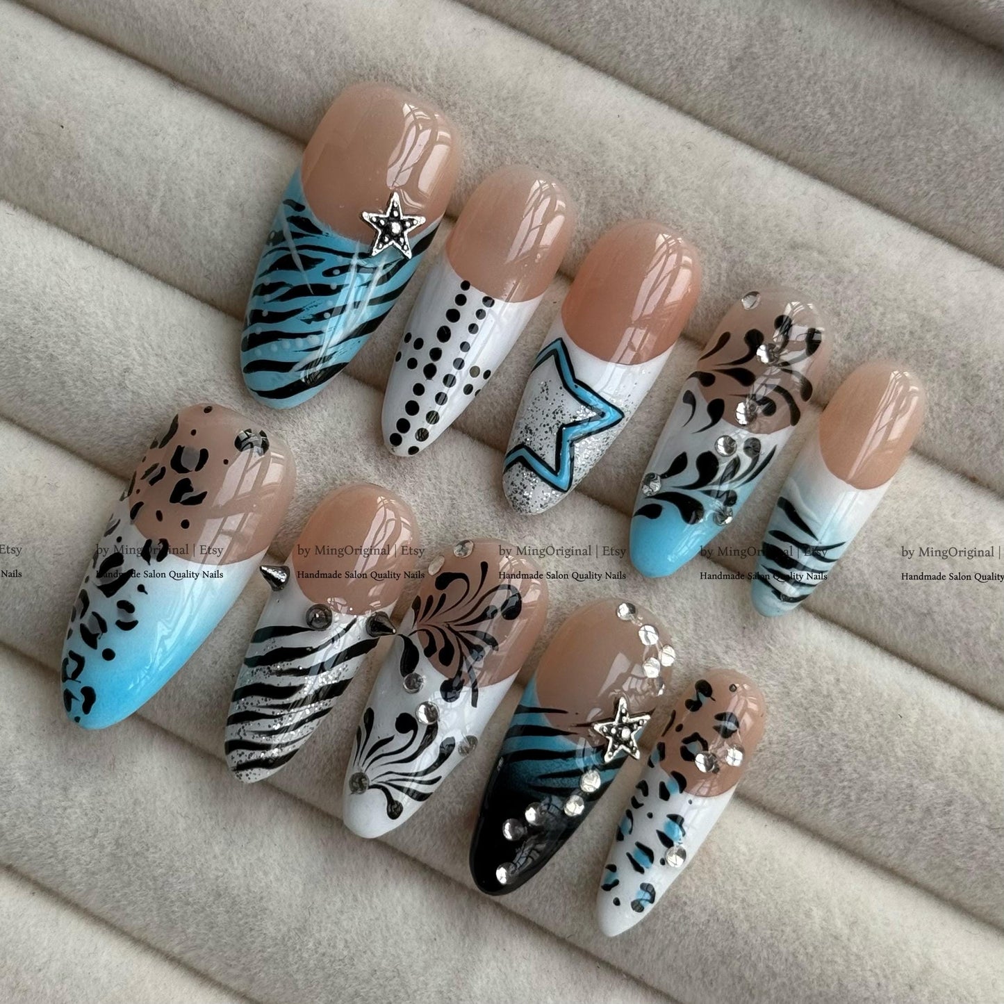 Y2K Cyberpunk Press On Nails, Blue Animal Print Fake Nails, Star and Rhinestone Nails, Zebra Leopard Pattern Cool Girl Aesthetic, MO843