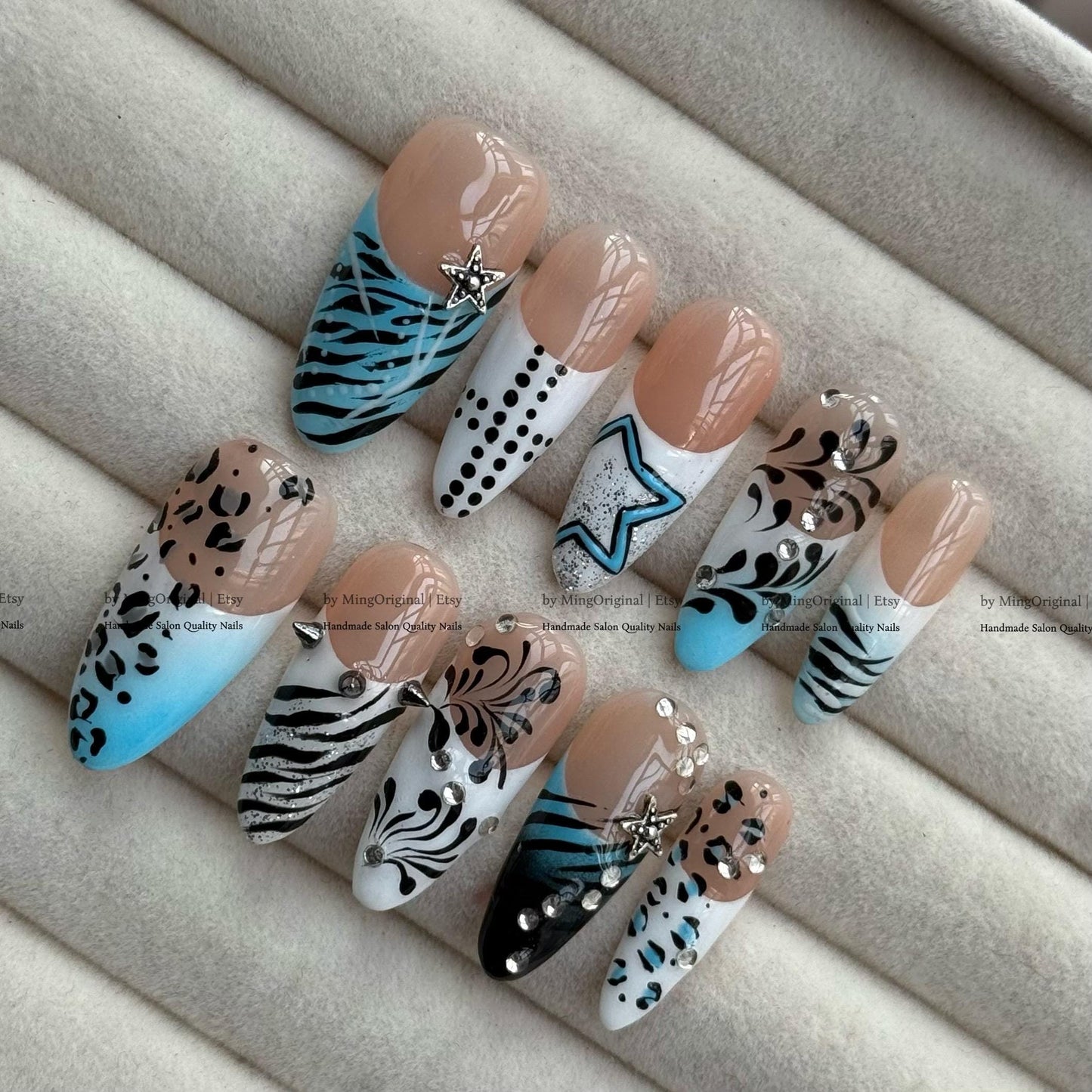 Y2K Cyberpunk Press On Nails, Blue Animal Print Fake Nails, Star and Rhinestone Nails, Zebra Leopard Pattern Cool Girl Aesthetic, MO843