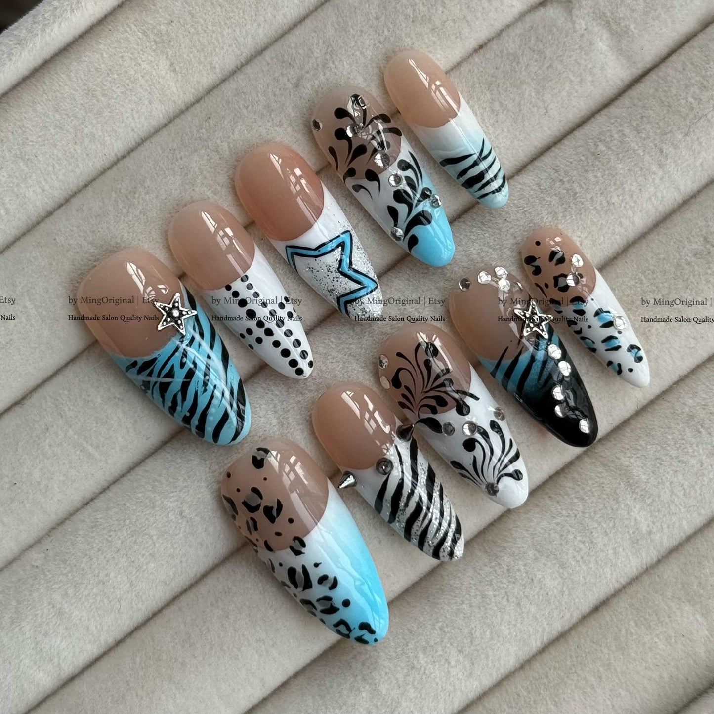Y2K Cyberpunk Press On Nails, Blue Animal Print Fake Nails, Star and Rhinestone Nails, Zebra Leopard Pattern Cool Girl Aesthetic, MO843