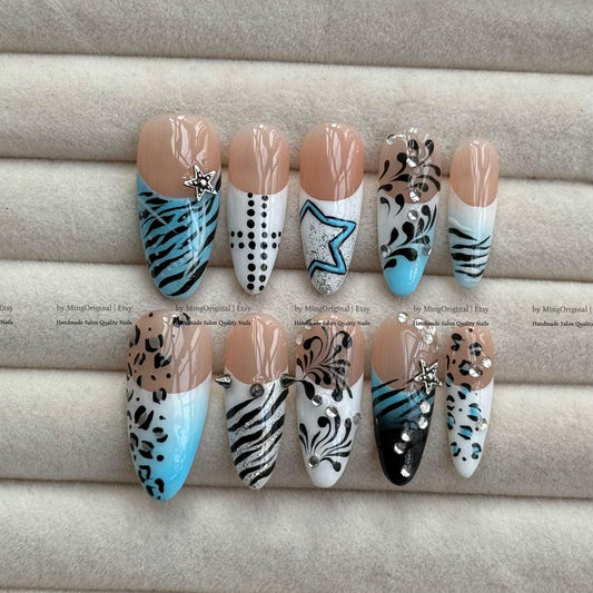 Y2K Cyberpunk Press On Nails, Blue Animal Print Fake Nails, Star and Rhinestone Nails, Zebra Leopard Pattern Cool Girl Aesthetic, MO843
