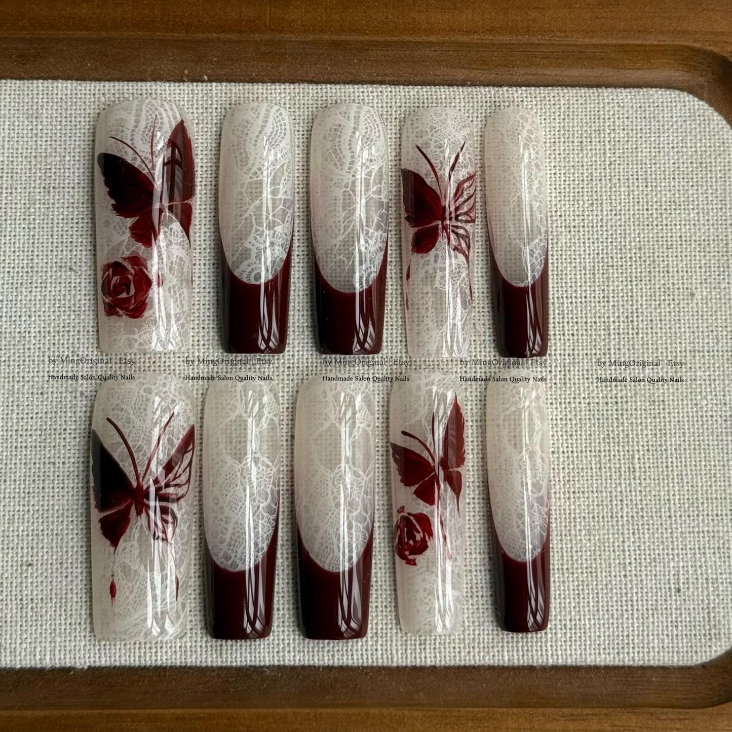 Handmade Dark Red Butterfly Press On Nails, White Lace Pattern Fake Nails, Gothic Rose Handpainted Nails, Luxury Wedding False Nails,MO844