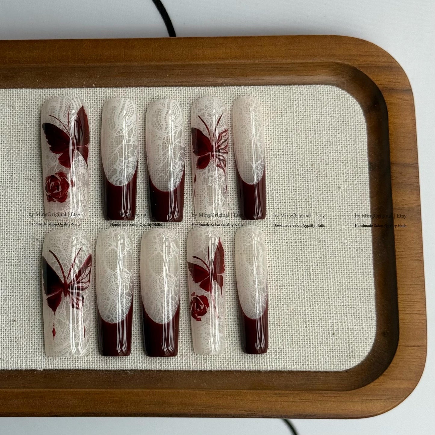 Handmade Dark Red Butterfly Press On Nails, White Lace Pattern Fake Nails, Gothic Rose Handpainted Nails, Luxury Wedding False Nails,MO844