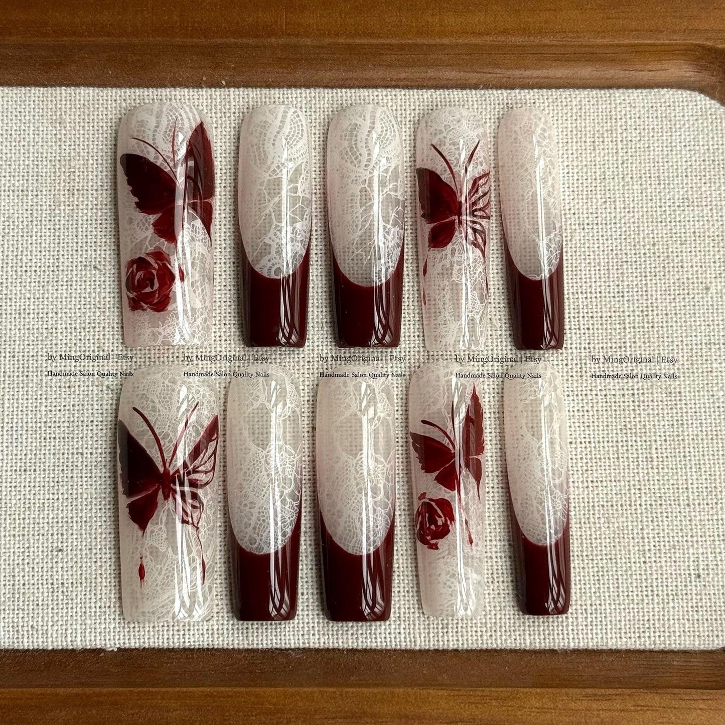 Handmade Dark Red Butterfly Press On Nails, White Lace Pattern Fake Nails, Gothic Rose Handpainted Nails, Luxury Wedding False Nails,MO844