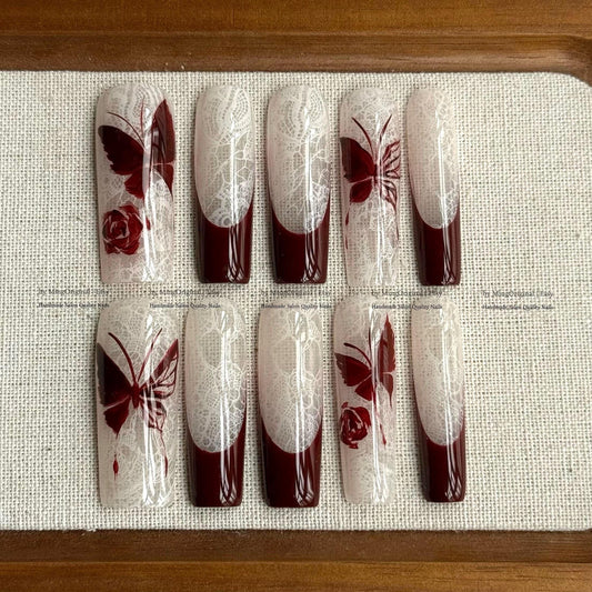 Handmade Dark Red Butterfly Press On Nails, White Lace Pattern Fake Nails, Gothic Rose Handpainted Nails, Luxury Wedding False Nails,MO844
