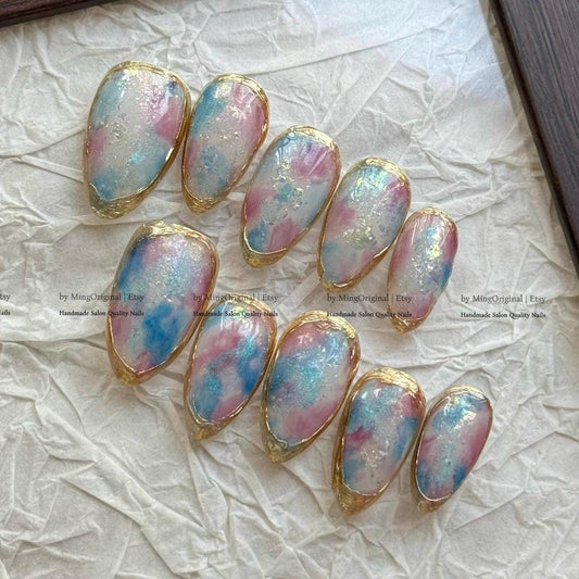 Water Blooming Press-on Nails, Iridescent Pink and Blue Luxury False Nails with Gold Edging, MO863