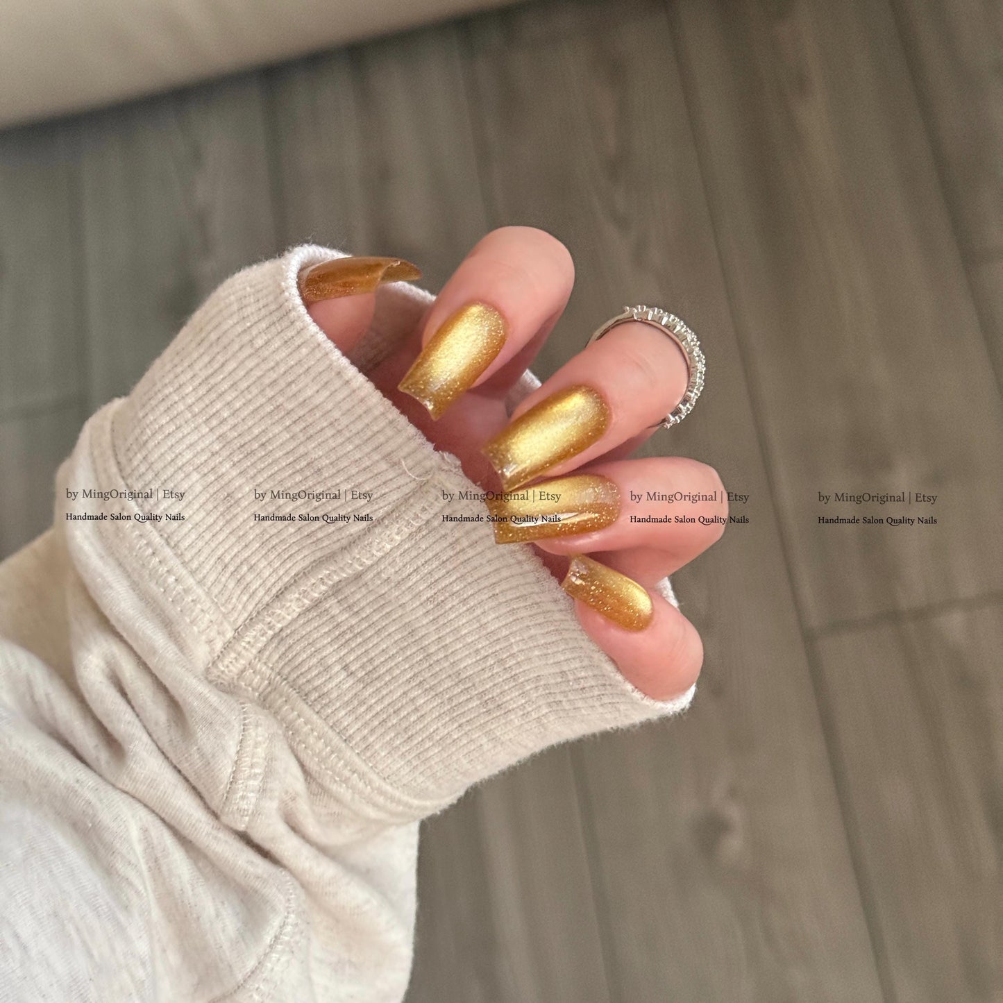 Gold Cat Eye Press-On Nails, Pink, Old Money Style, Rich Girl Vibe, Glue on Cat Eye Nails, Yellow Nails, Reusable Nails, MO845