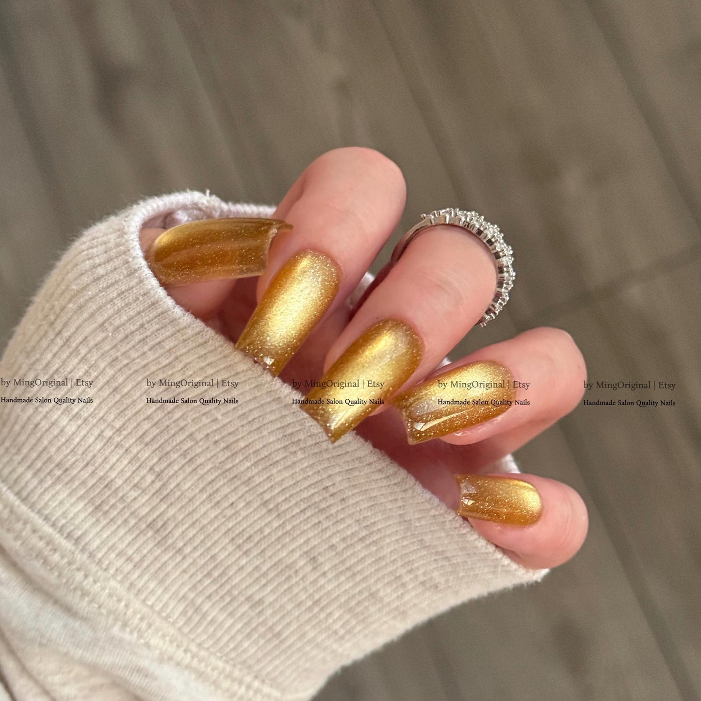 Gold Cat Eye Press-On Nails, Pink, Old Money Style, Rich Girl Vibe, Glue on Cat Eye Nails, Yellow Nails, Reusable Nails, MO845