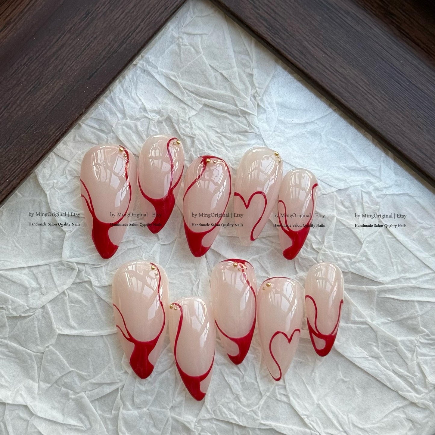 Red Heart Press On Nails, Valentine's Day Nails, Abstract Swirl Fake Nails, Handmade False Nails, Romantic Red French Tip, MO846