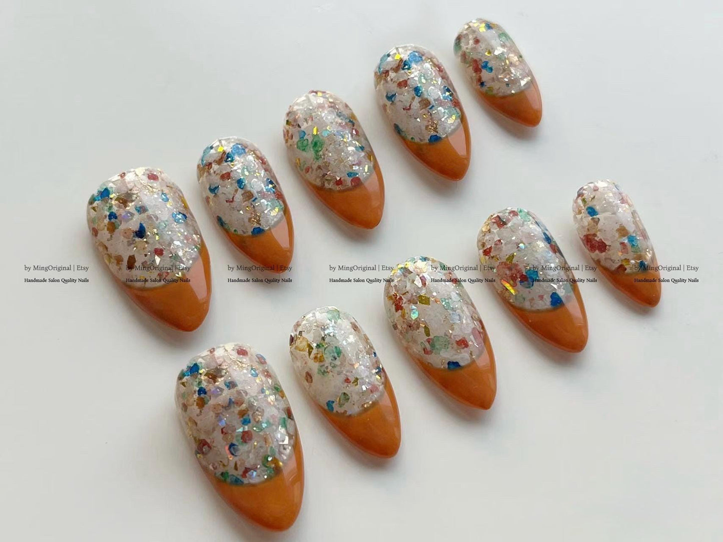 French Tip Collection| orange tip gold bejeweled gemstone style premium Press on Nails, glittery fake nails, gift for her,MO266