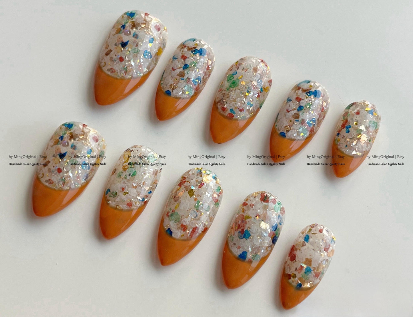French Tip Collection| orange tip gold bejeweled gemstone style premium Press on Nails, glittery fake nails, gift for her,MO266