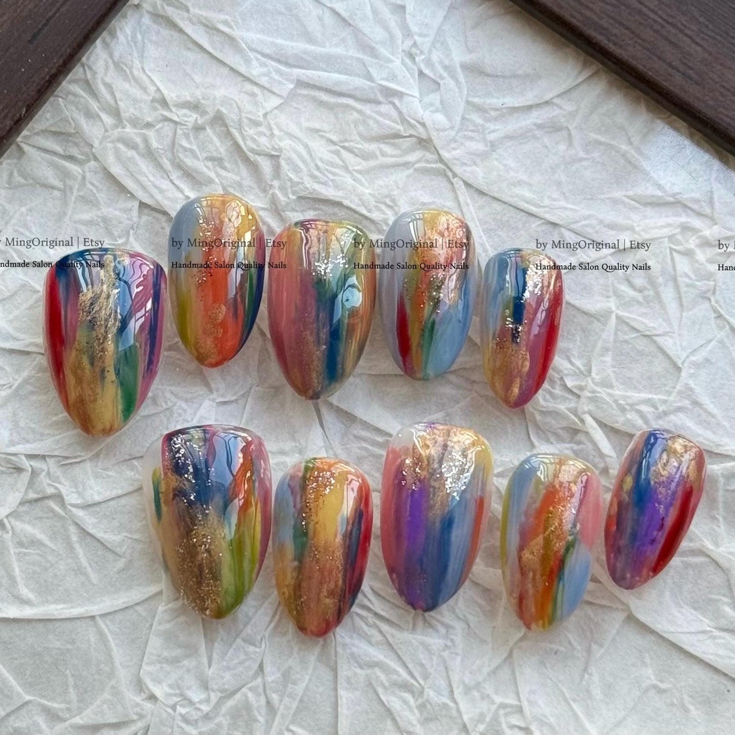 Artistic Press On Nails, Colorful Oil Paint Design, Gold Foil Accents, Handmade Luxury Nails Abstract Design, Bold Vibrant Art, MO847