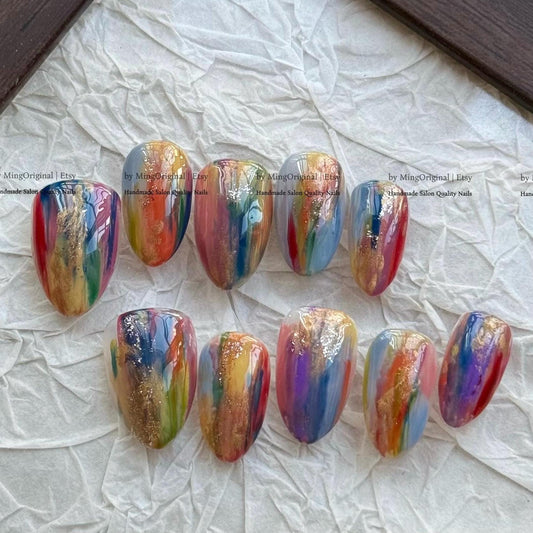 Artistic Press On Nails, Colorful Oil Paint Design, Gold Foil Accents, Handmade Luxury Nails Abstract Design, Bold Vibrant Art, MO847