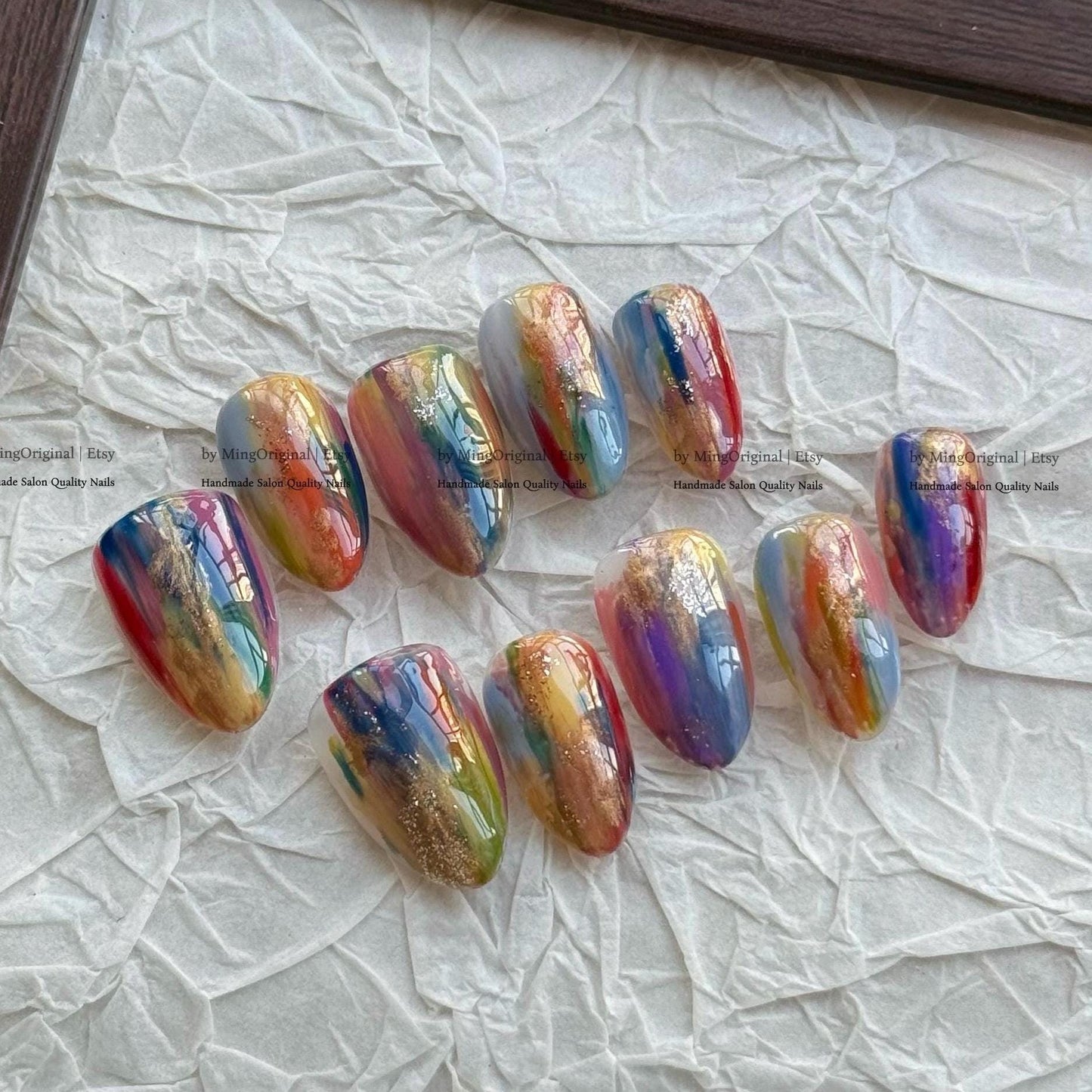 Artistic Press On Nails, Colorful Oil Paint Design, Gold Foil Accents, Handmade Luxury Nails Abstract Design, Bold Vibrant Art, MO847