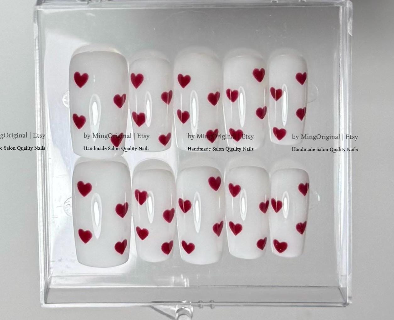 Milky White Press on Nails with Red Hearts, Handmade Reusable Fake Nails, MO867