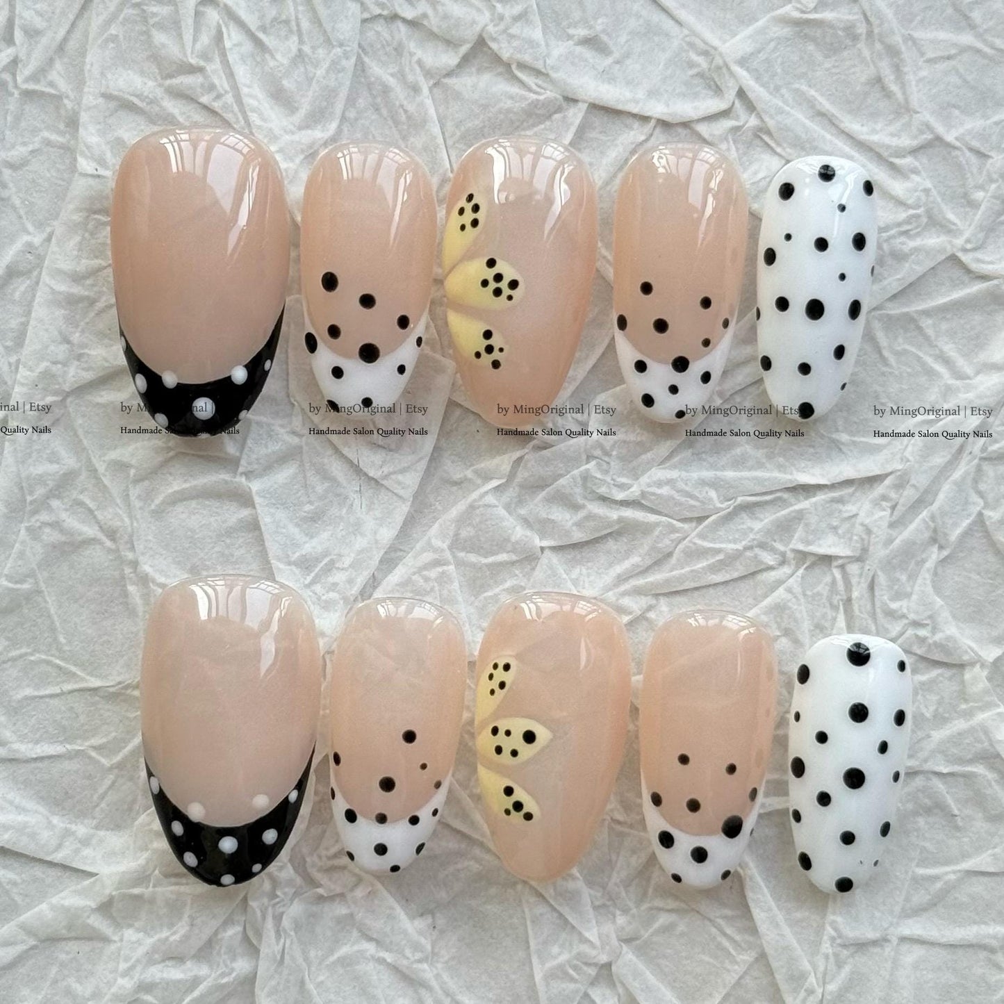 Daisy Press On Nails, Black White French Tip, Handmade Floral Nail Art, Gold Studded Nude Nails, Yellow Flower,MO869