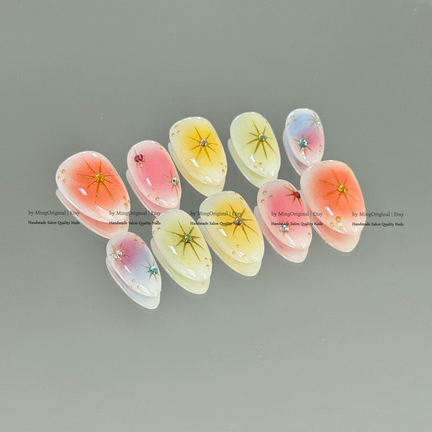 Handmade Press on Nails, Colorful Aura Starburst Design, Sunset Ombre Reusable Fake Nails, Aura Airbrush, MO870