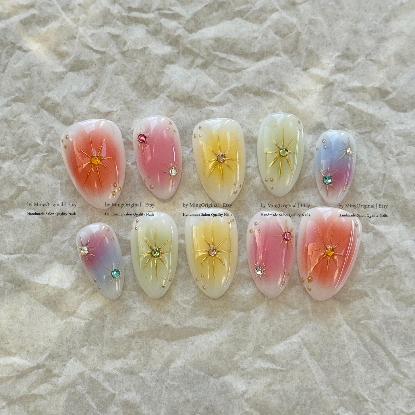 Handmade Press on Nails, Colorful Aura Starburst Design, Sunset Ombre Reusable Fake Nails, Aura Airbrush, MO870