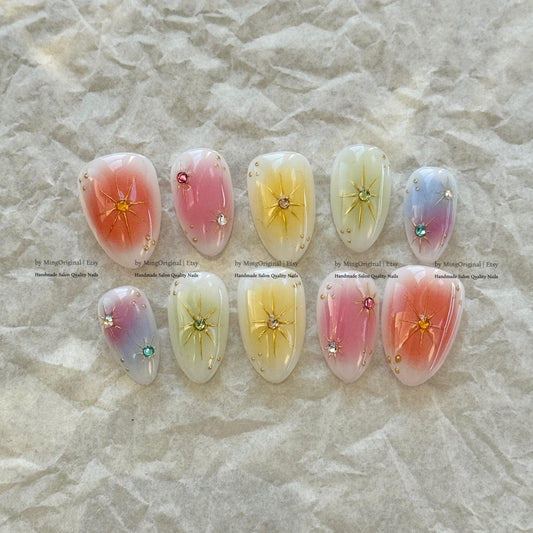 Handmade Press on Nails, Colorful Aura Starburst Design, Sunset Ombre Reusable Fake Nails, Aura Airbrush, MO870