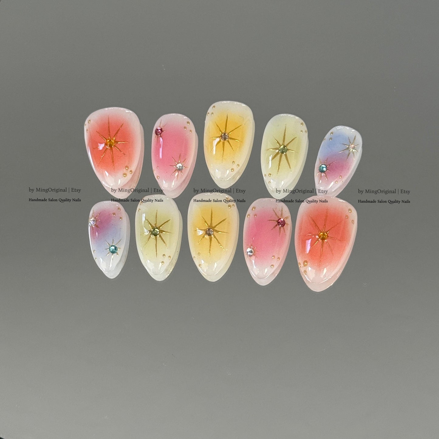 Handmade Press on Nails, Colorful Aura Starburst Design, Sunset Ombre Reusable Fake Nails, Aura Airbrush, MO870