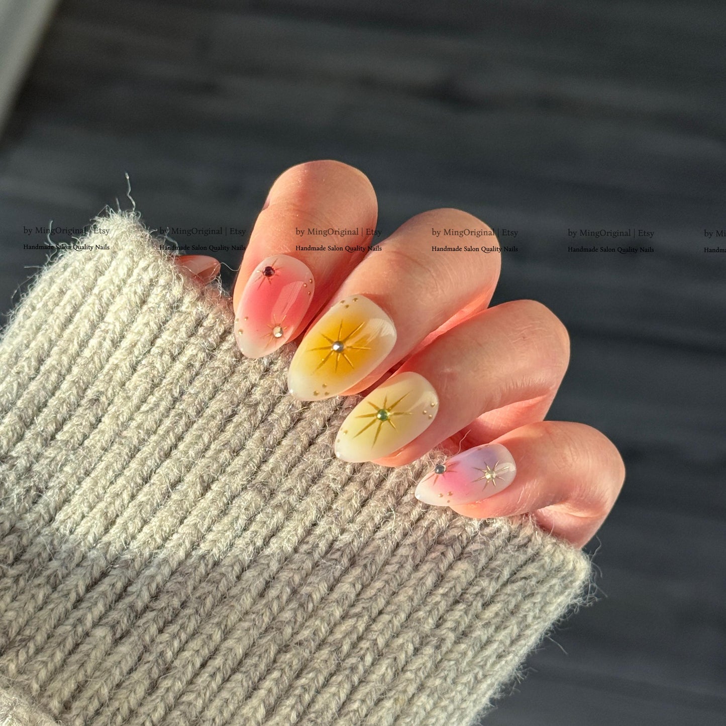 Handmade Press on Nails, Colorful Aura Starburst Design, Sunset Ombre Reusable Fake Nails, Aura Airbrush, MO870
