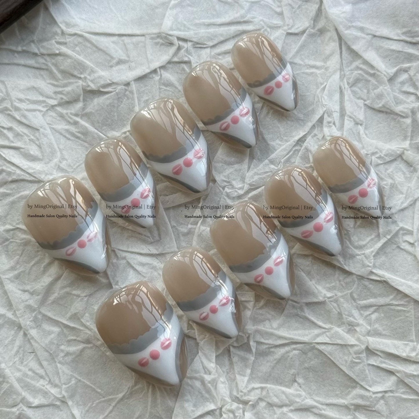 Handmade Press on Nails, Cute Panties Design, Pink Bows and Lace Detail, Lingerie Inspired Style, Creative Sweet Aesthetic, MO850