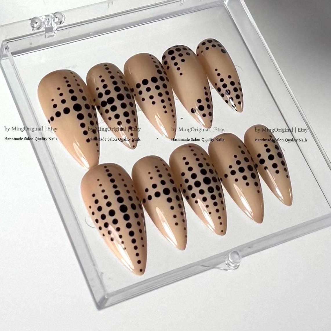 Nude Polka Dot Press On Nails, Abstract Black Dotted Handmade False Nails, Minimalist Manicure,MO872