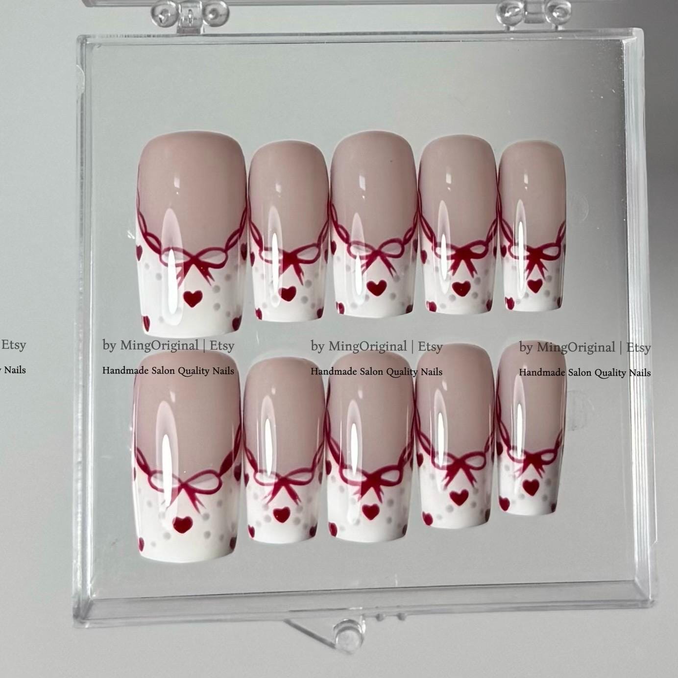 Red Bow Press On Nails, Coquette Heart French Tip False Nails, Romantic Aesthetic Glue On Nails, MO873