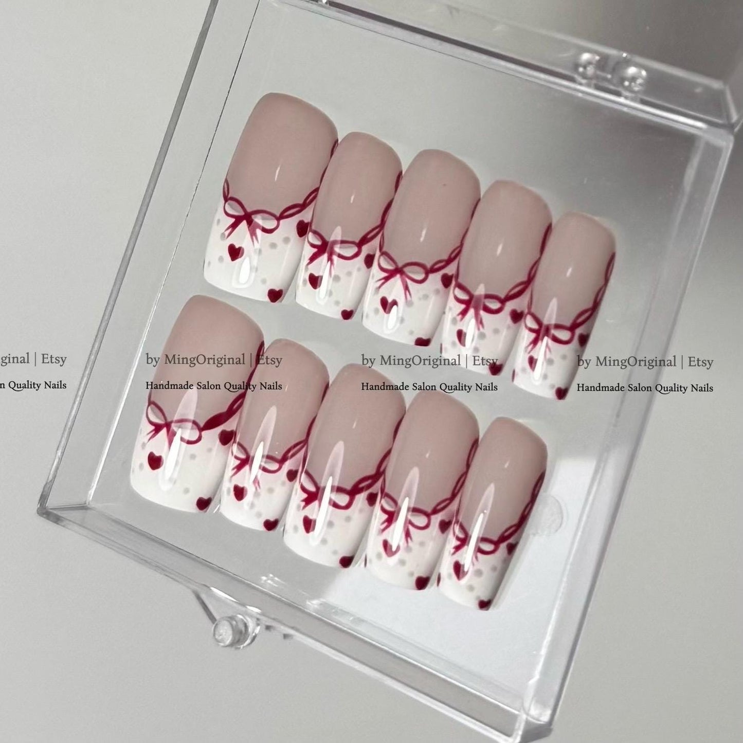 Red Bow Press On Nails, Coquette Heart French Tip False Nails, Romantic Aesthetic Glue On Nails, MO873