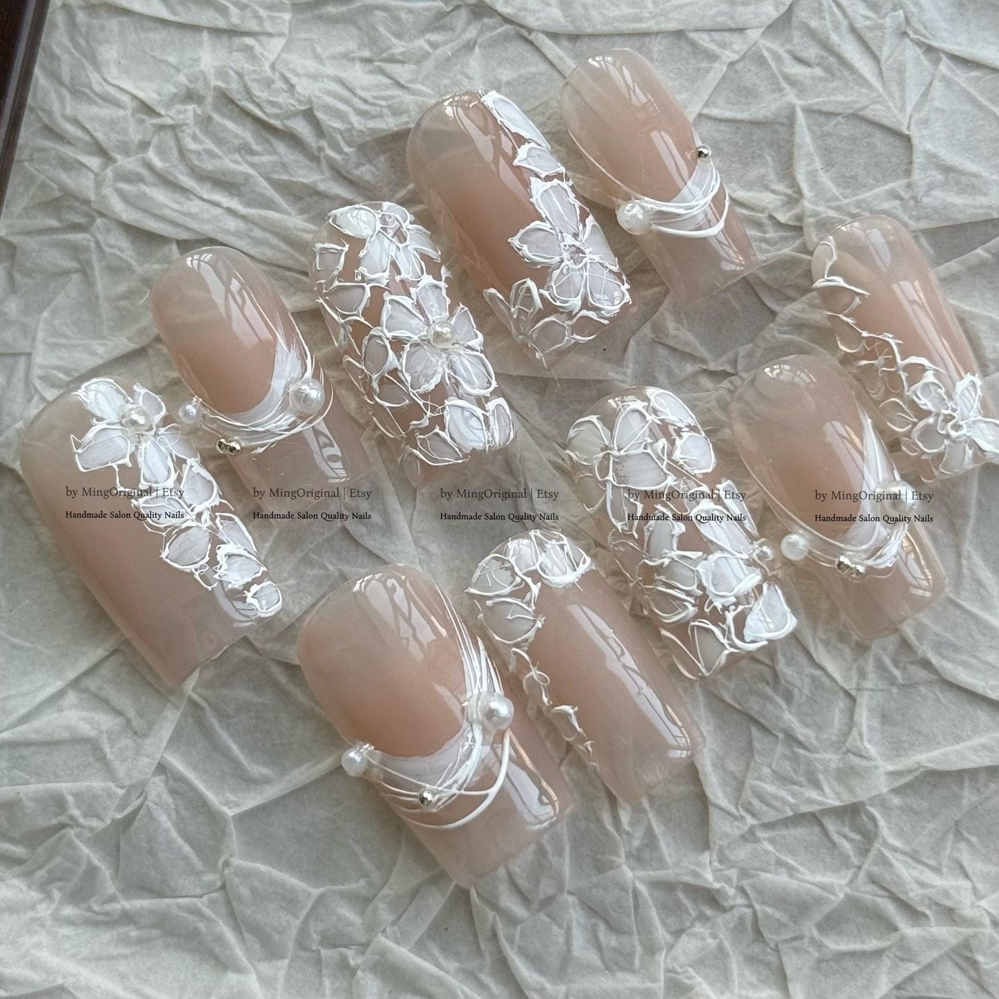 White Floral Press On Nails, Elegant Nude Nails, Handmade Embossed Flower Design, Wedding Bridal Nails, Textured Petal Nail Art, MO851