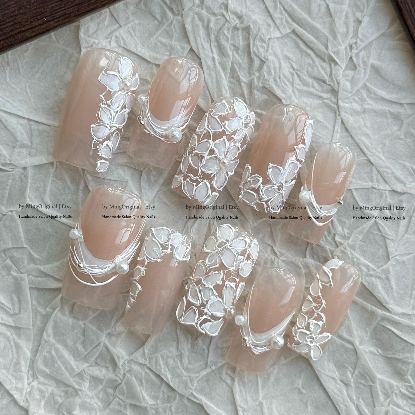 White Floral Press On Nails, Elegant Nude Nails, Handmade Embossed Flower Design, Wedding Bridal Nails, Textured Petal Nail Art, MO851