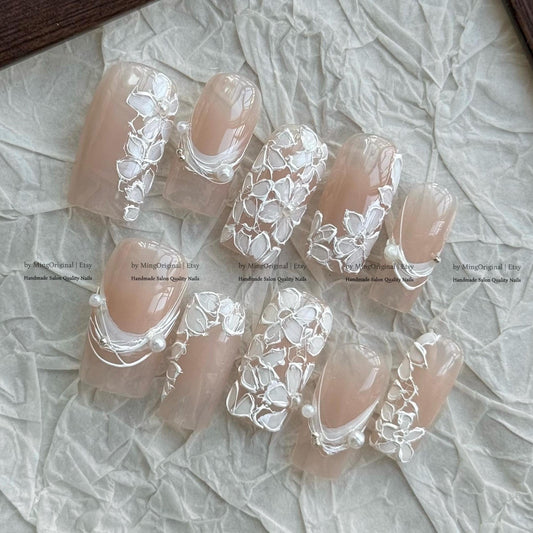 White Floral Press On Nails, Elegant Nude Nails, Handmade Embossed Flower Design, Wedding Bridal Nails, Textured Petal Nail Art, MO851