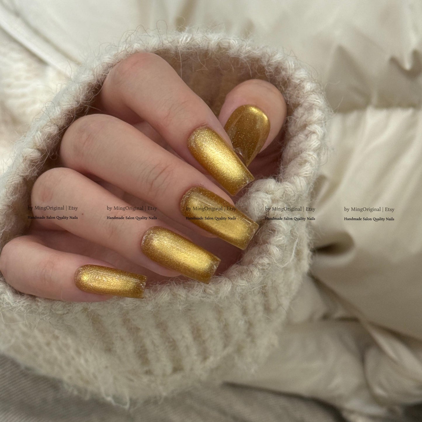 Gold Cat Eye Press-On Nails, Pink, Old Money Style, Rich Girl Vibe, Glue on Cat Eye Nails, Yellow Nails, Reusable Nails, MO845