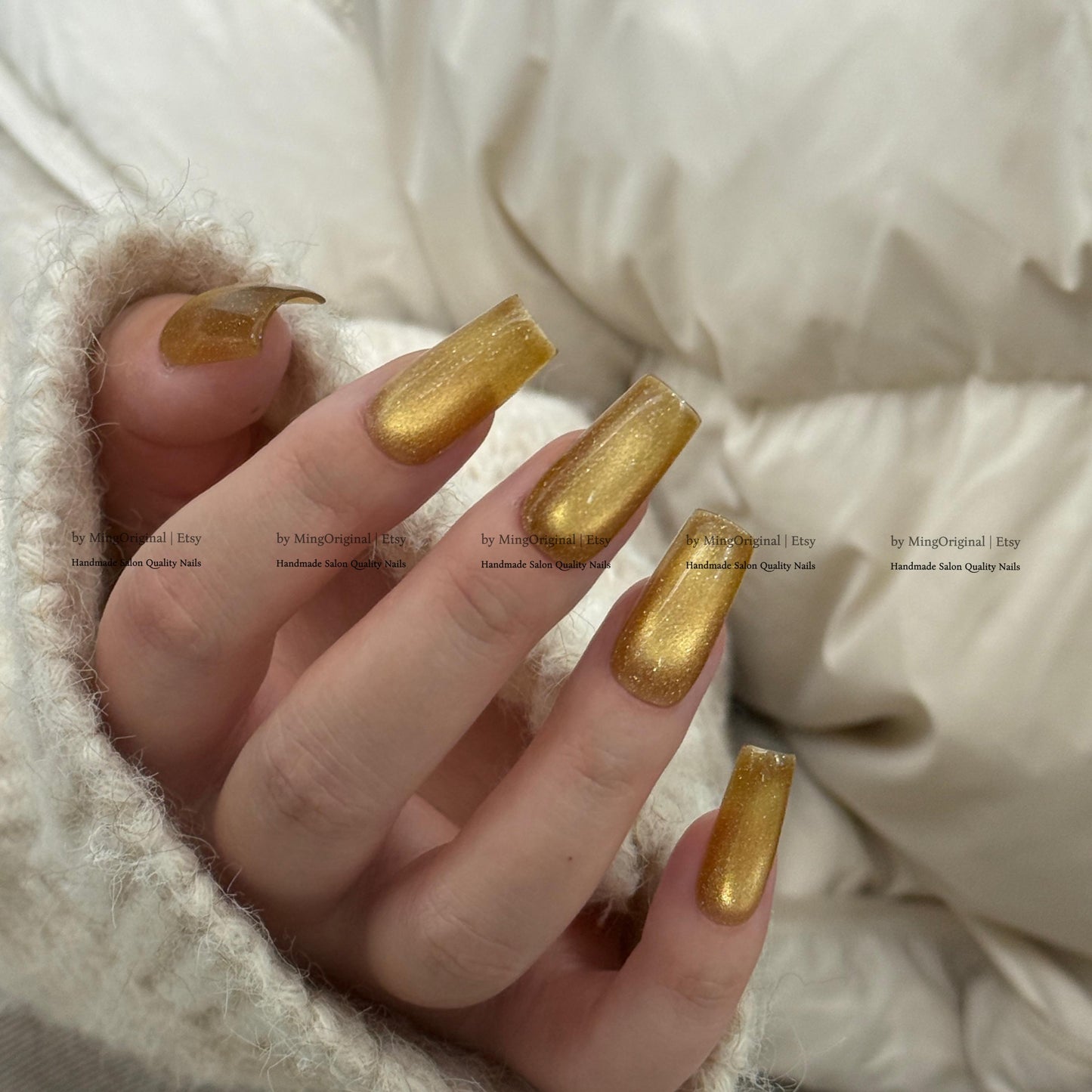 Gold Cat Eye Press-On Nails, Pink, Old Money Style, Rich Girl Vibe, Glue on Cat Eye Nails, Yellow Nails, Reusable Nails, MO845