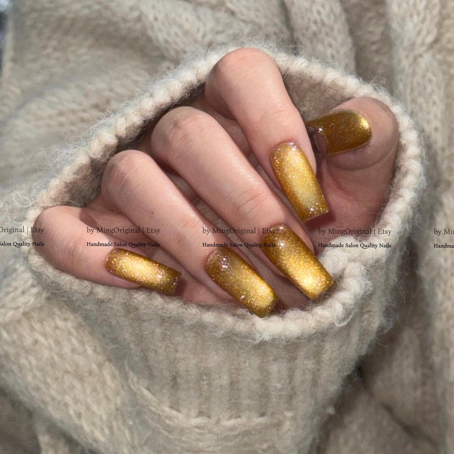 Gold Cat Eye Press-On Nails, Pink, Old Money Style, Rich Girl Vibe, Glue on Cat Eye Nails, Yellow Nails, Reusable Nails, MO845