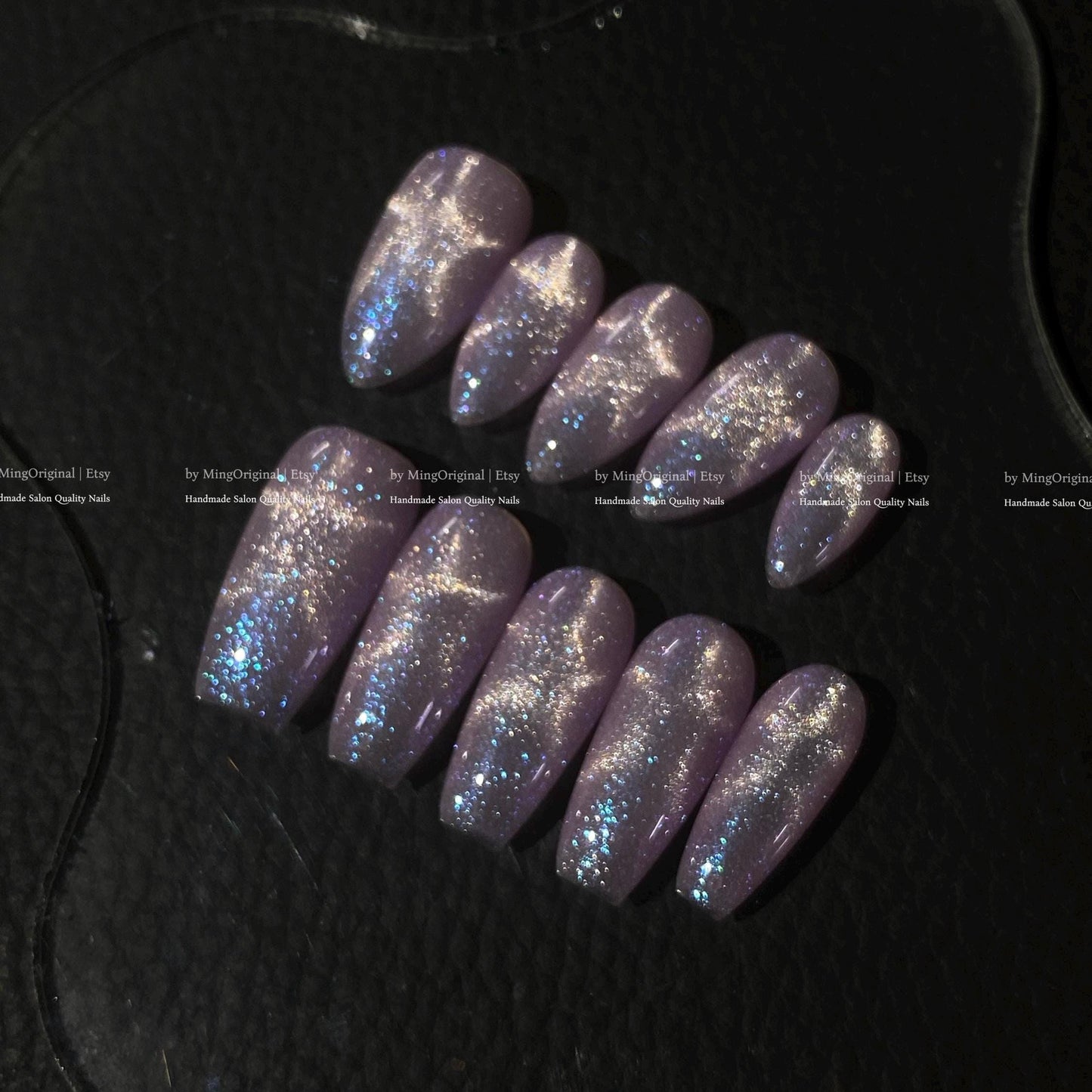 Moonlit Amethyst light purple pink star shape cat eye effect press on nails, blue glittery nails, sparkly nail, valentine gift for her,MO874
