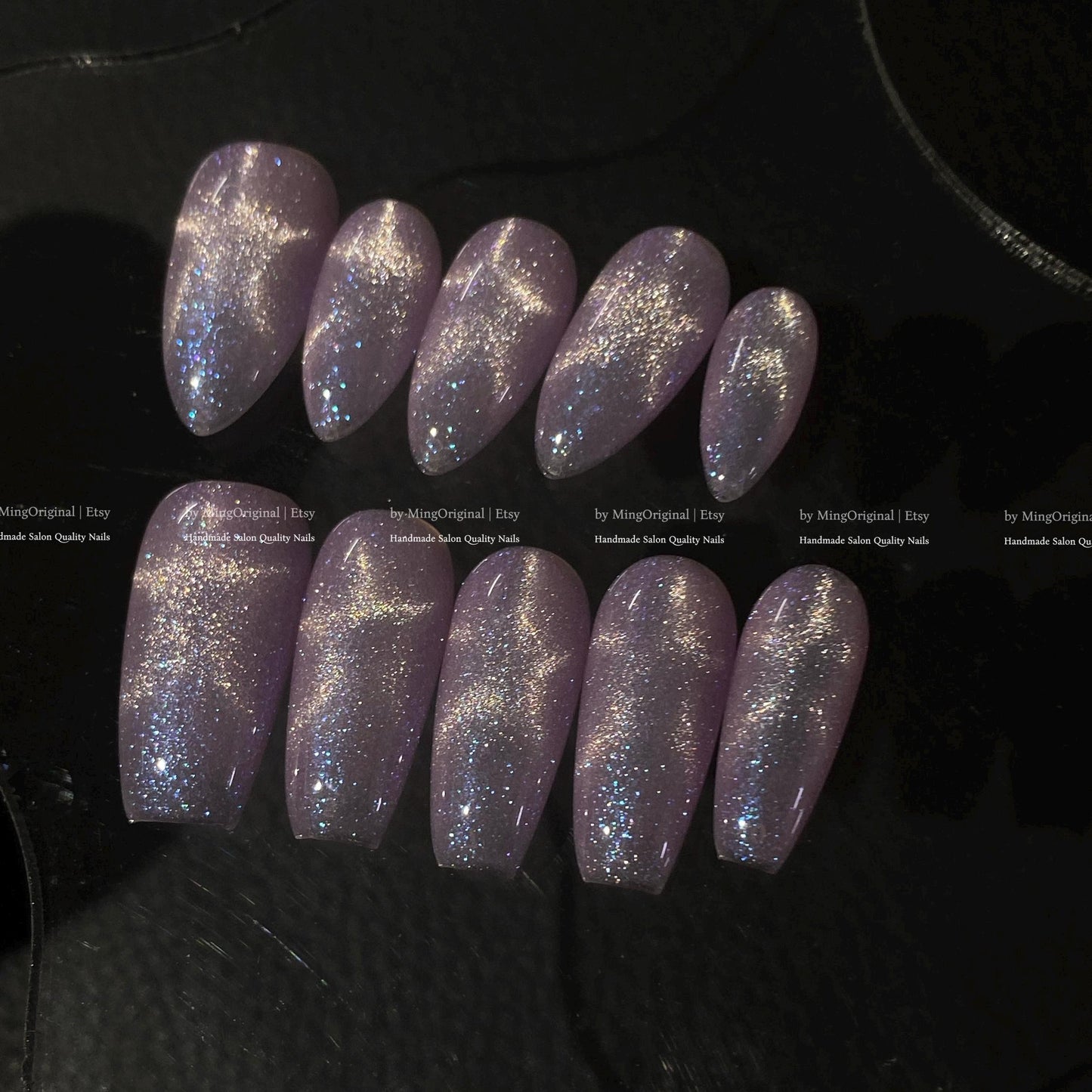 Moonlit Amethyst light purple pink star shape cat eye effect press on nails, blue glittery nails, sparkly nail, valentine gift for her,MO874