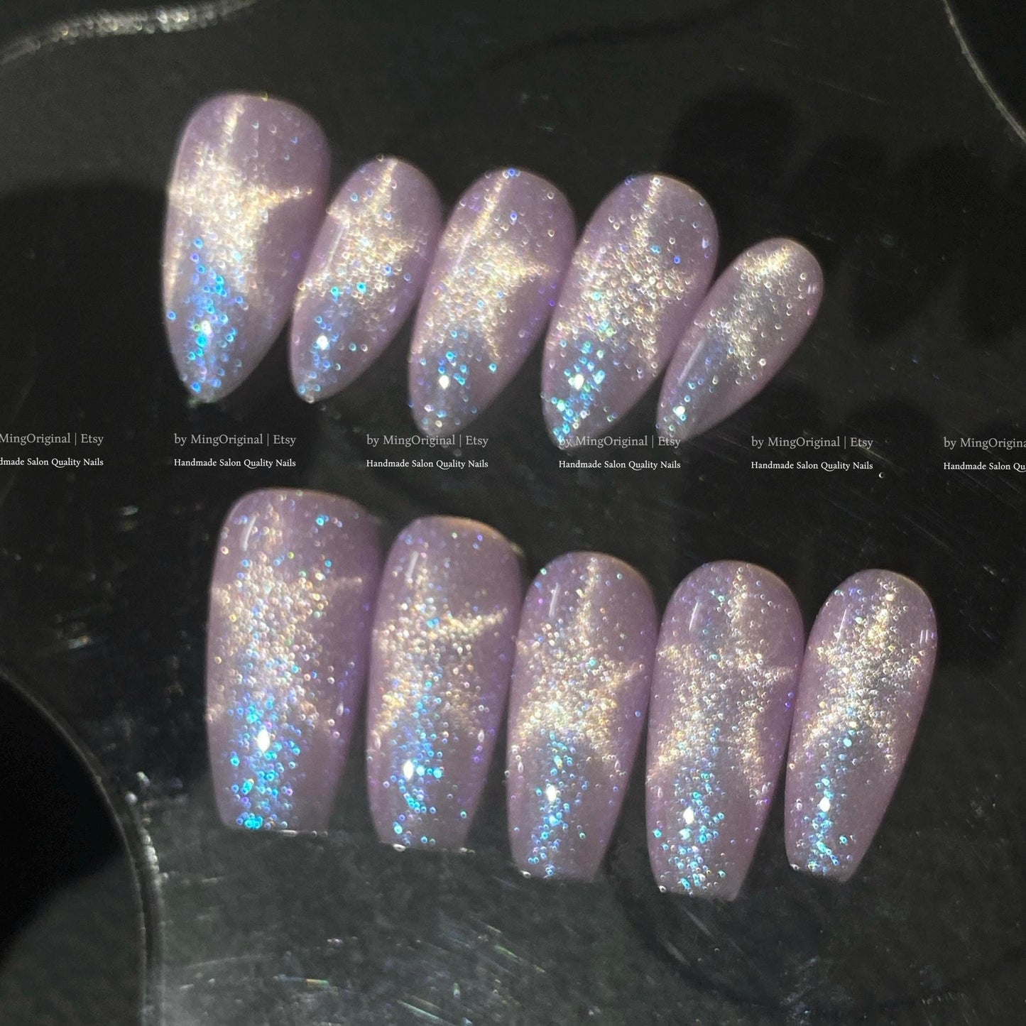 Moonlit Amethyst light purple pink star shape cat eye effect press on nails, blue glittery nails, sparkly nail, valentine gift for her,MO874
