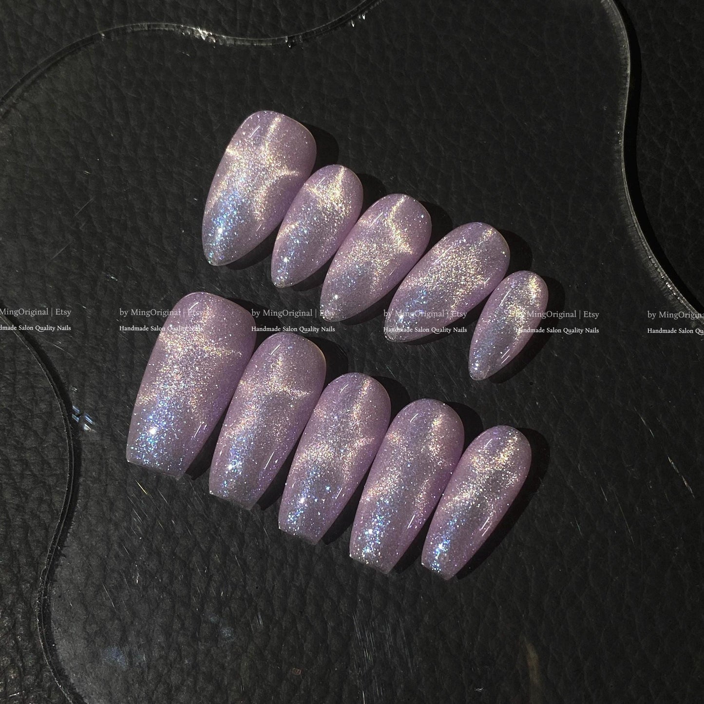 Moonlit Amethyst light purple pink star shape cat eye effect press on nails, blue glittery nails, sparkly nail, valentine gift for her,MO874
