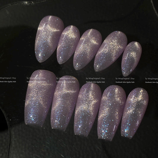 Moonlit Amethyst light purple pink star shape cat eye effect press on nails, blue glittery nails, sparkly nail, valentine gift for her,MO874