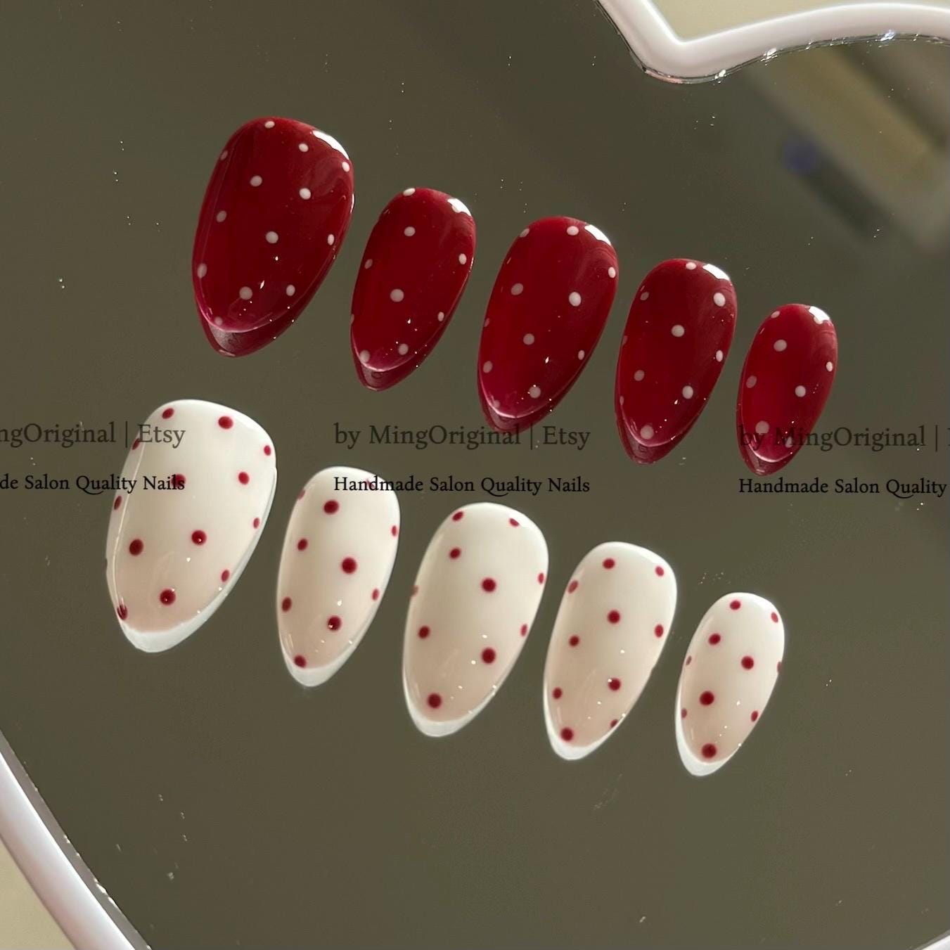Red Polka Dot Press On Nails, Abstract Dotted Handmade False Nails, Red and White Minimalist Manicure,MO875