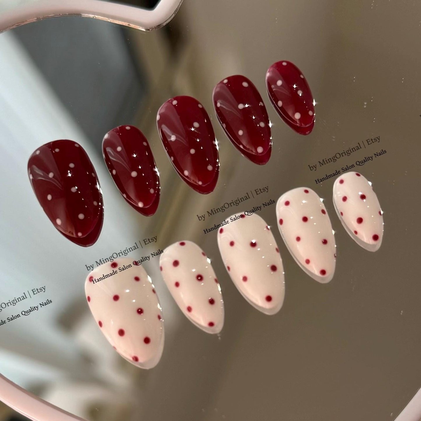 Red Polka Dot Press On Nails, Abstract Dotted Handmade False Nails, Red and White Minimalist Manicure,MO875