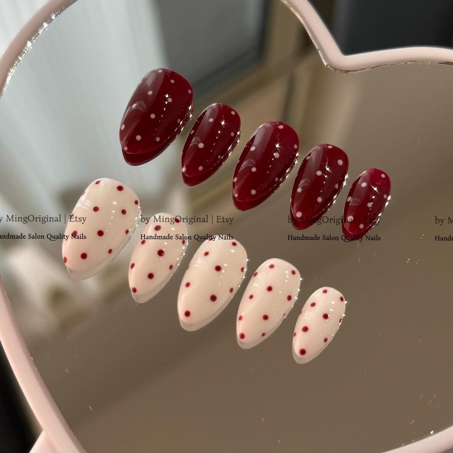 Red Polka Dot Press On Nails, Abstract Dotted Handmade False Nails, Red and White Minimalist Manicure,MO875