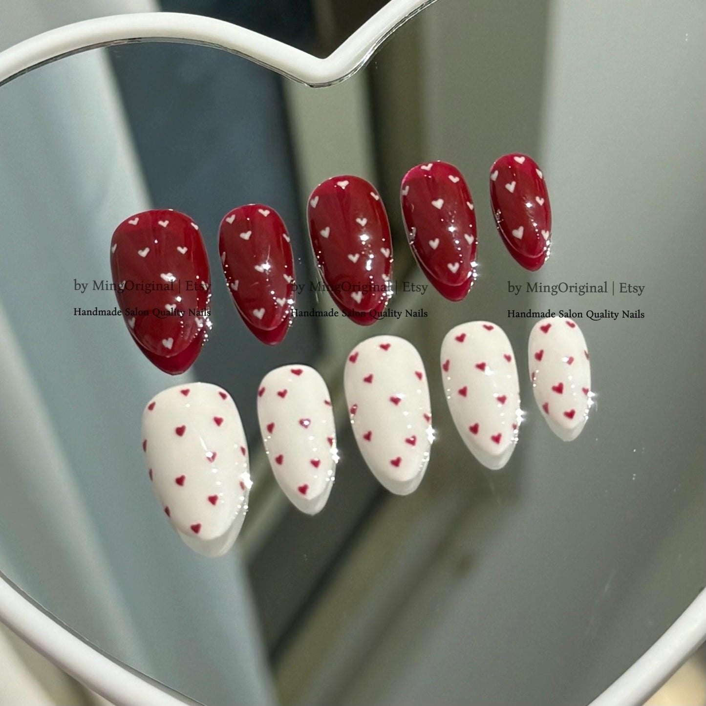 Dark Red Heart Press on Nails, White Valentine Glue on Nails, Handmade Reusable Fake Nails, MO876
