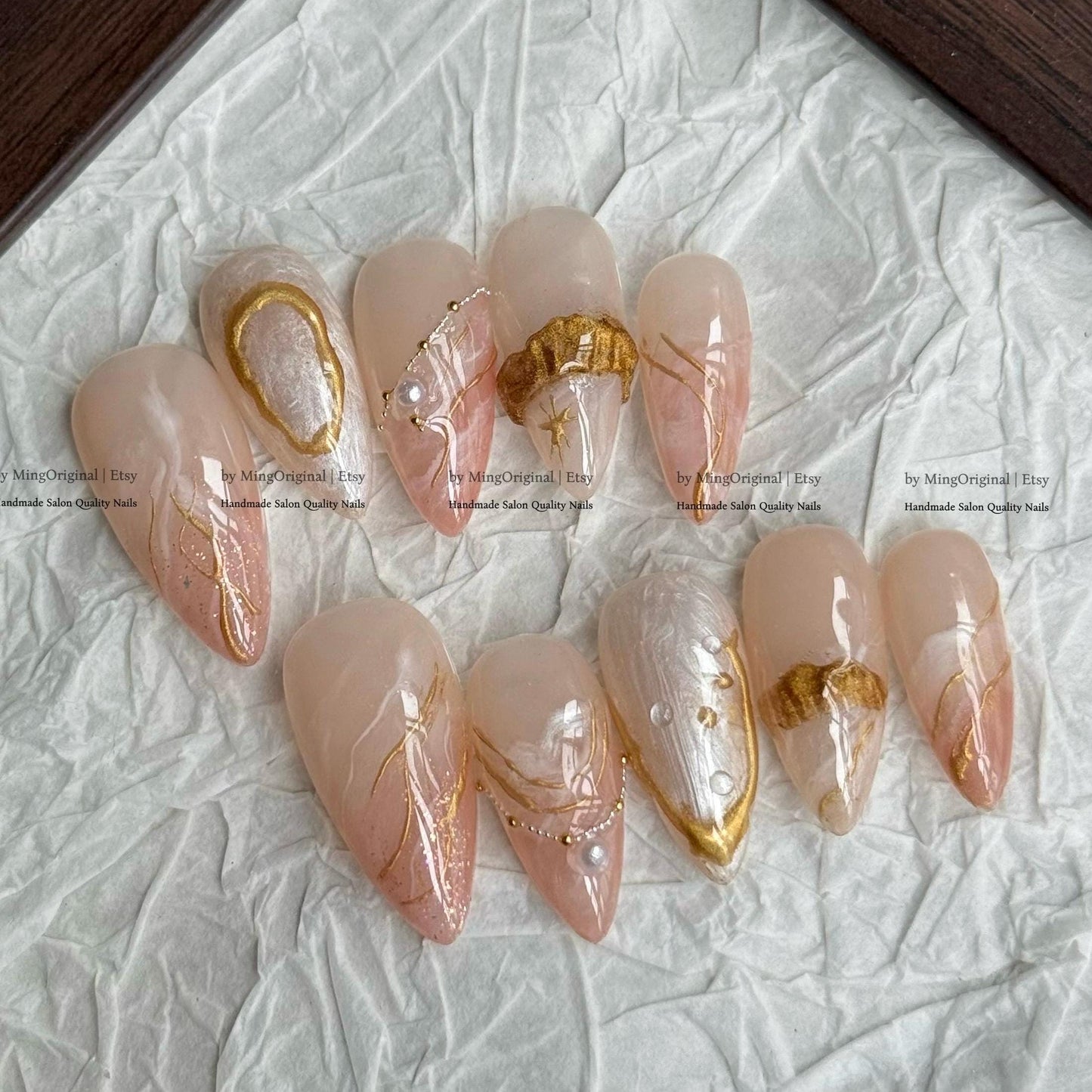 Romantic Gold 3D Embossed Press on Nails, Milky Pink Marble Handmade Nails, Elegant Pearl Accents, MO853