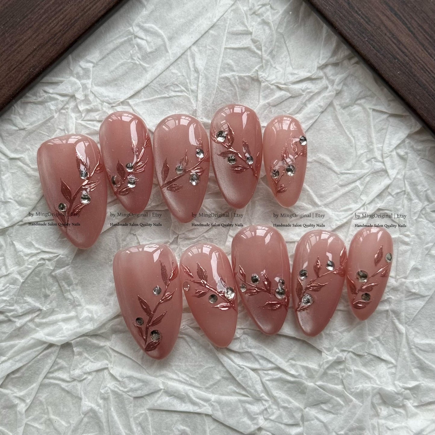 Mauve Cat Eye Press on Nails, 3D Rose Gold Leaf Accents, Handmade Floral Nails, MO854