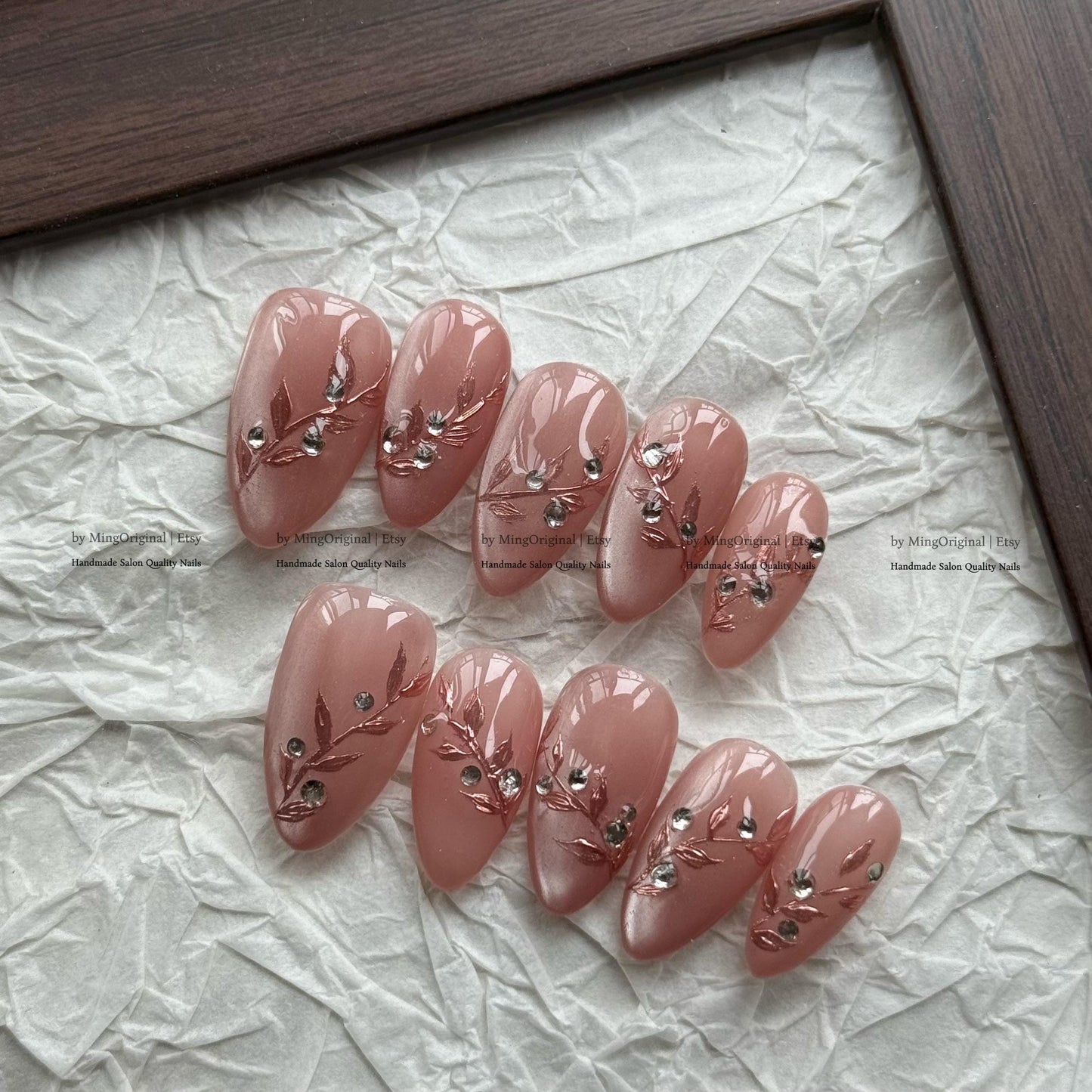 Mauve Cat Eye Press on Nails, 3D Rose Gold Leaf Accents, Handmade Floral Nails, MO854