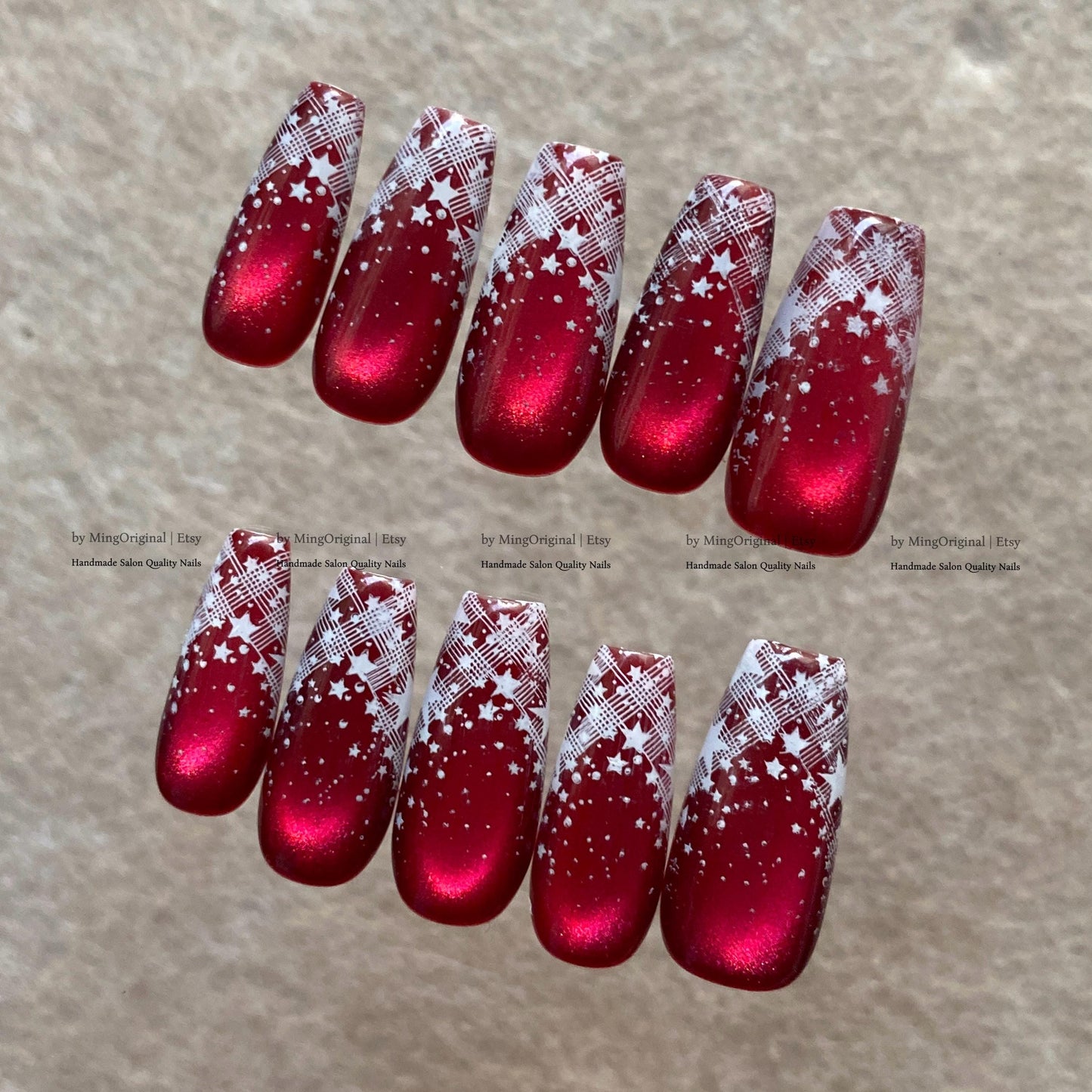Red Cat Eye Press on Nails, White Plaid Star Fake Nails, Reusable Glue on Nails, MO877