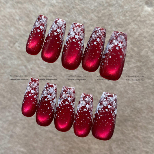 Red Cat Eye Press on Nails, White Plaid Star Fake Nails, Reusable Glue on Nails, MO877