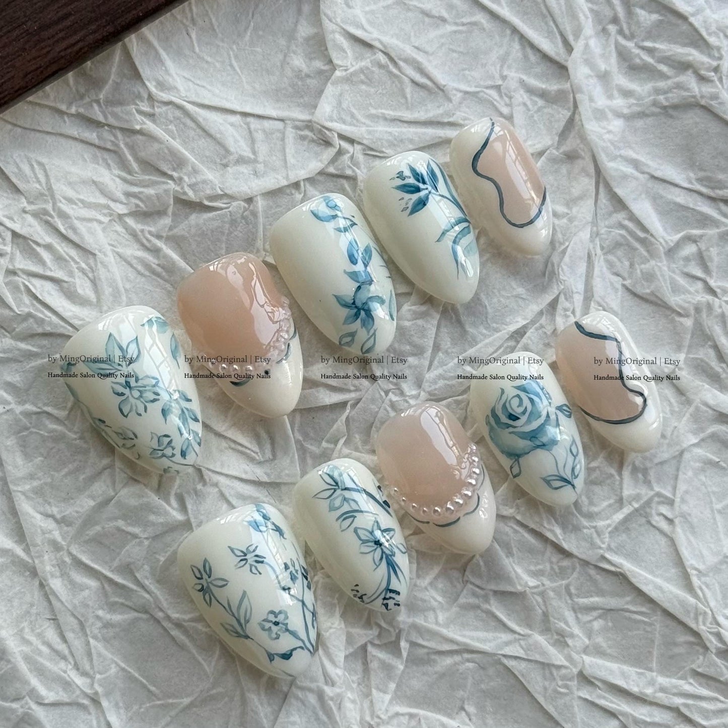 Blue Floral Press On Nails, Hand Painted Porcelain Style, White and Nude Fake Nails,MO855