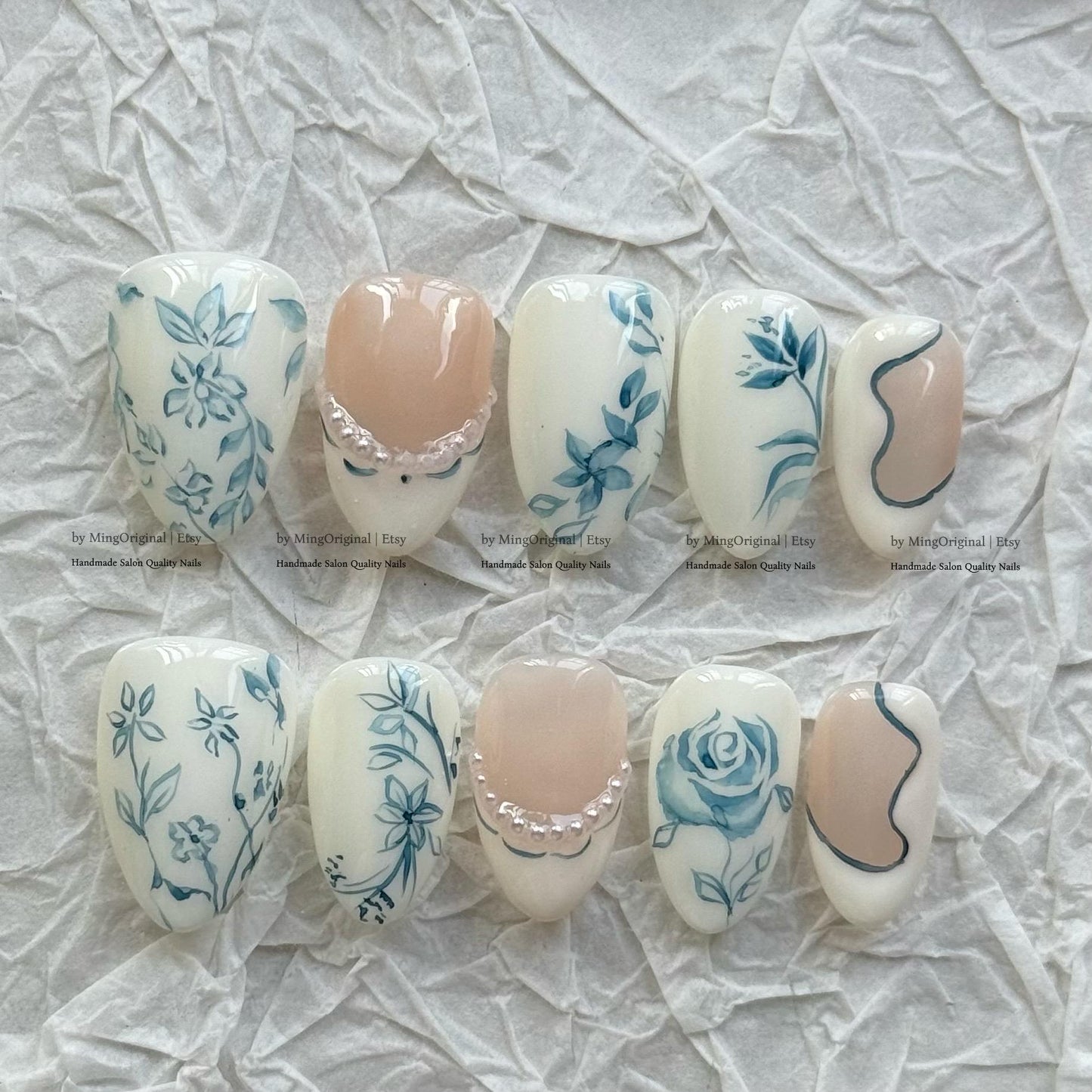 Blue Floral Press On Nails, Hand Painted Porcelain Style, White and Nude Fake Nails,MO855
